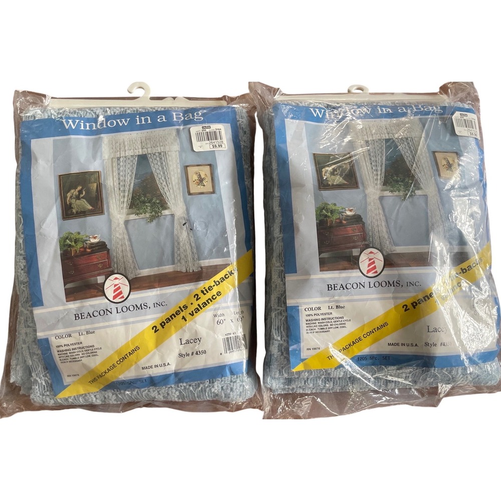 2 Vintage Beacon Looms Lacey Light Blue Lace Curtains 5pc Window in a Bag 60x63